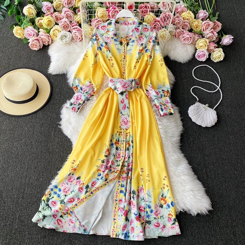 Women's spring summer runway fashion vintage flower print long dress female long sleeve chic travel shirt beach dress TB1499
Women's spring summer runway fashion vintage flower print long dress female long sleeve chic travel shirt beach dress TB1499