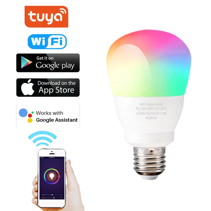 Tuya Wifi Smart Light Bulb RGBCW 9W Dimmiable E27 RGB LED Bulb Voice Control compatible with Alexa Google home Smart life APP
Tuya Wifi Smart Light Bulb RGBCW 9W Dimmiable E27 RGB LED Bulb Voice Control compatible with Alexa Google home Smart life APP