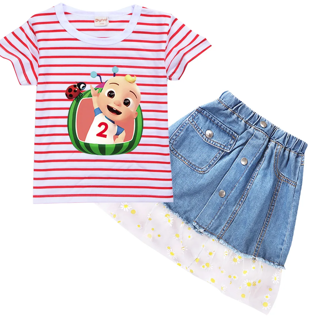 Children Two Piece Skirt Set Kids Cocomelon JJ Stripe O-neck T Shirt+Lace Denim Knee-length Skirts Toddler Gilr Boutique Clothes
Children Two Piece Skirt Set Kids Cocomelon JJ Stripe O-neck T Shirt+Lace Denim Knee-length Skirts Toddler Gilr Boutique Clothes