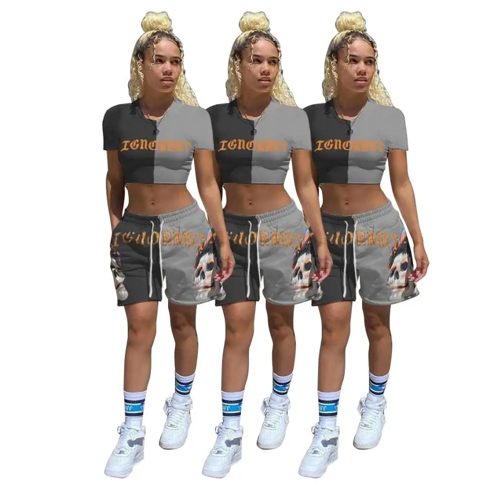 Women Casual 2 Pieces Suits Crew Neck Short Sleeve Color Contrast Outfits Skull Graphic Print Drawstring Mini Shorts Loose Short
Women Casual 2 Pieces Suits Crew Neck Short Sleeve Color Contrast Outfits Skull Graphic Print Drawstring Mini Shorts Loose Short