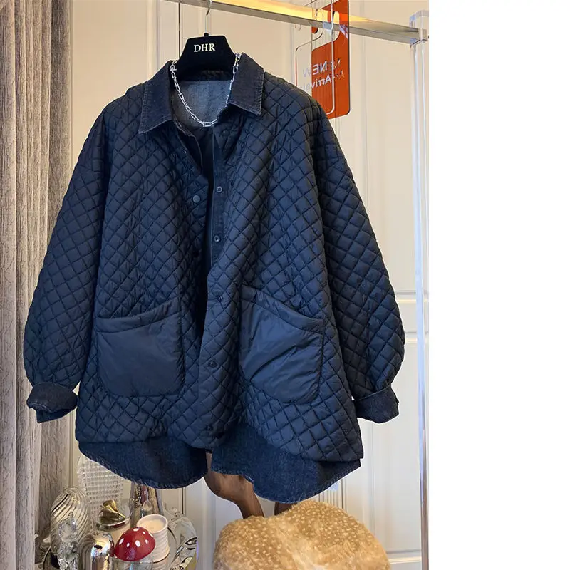 

Retro Rhombus Stitching Denim Shirt Fake Two-piece Cotton Jacket Jacket Women Loose Casual Design Sense Niche Autumn