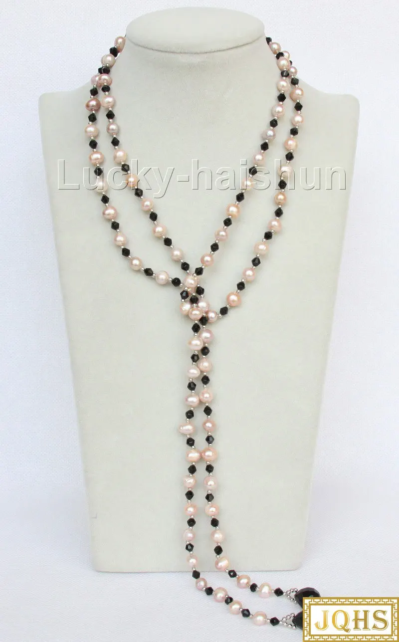 

Long 129cm 8mm Baroque Pink-purple Freshwater Pearls Agate Necklace J9863 Strand Pearl Round Halloween Jewelry