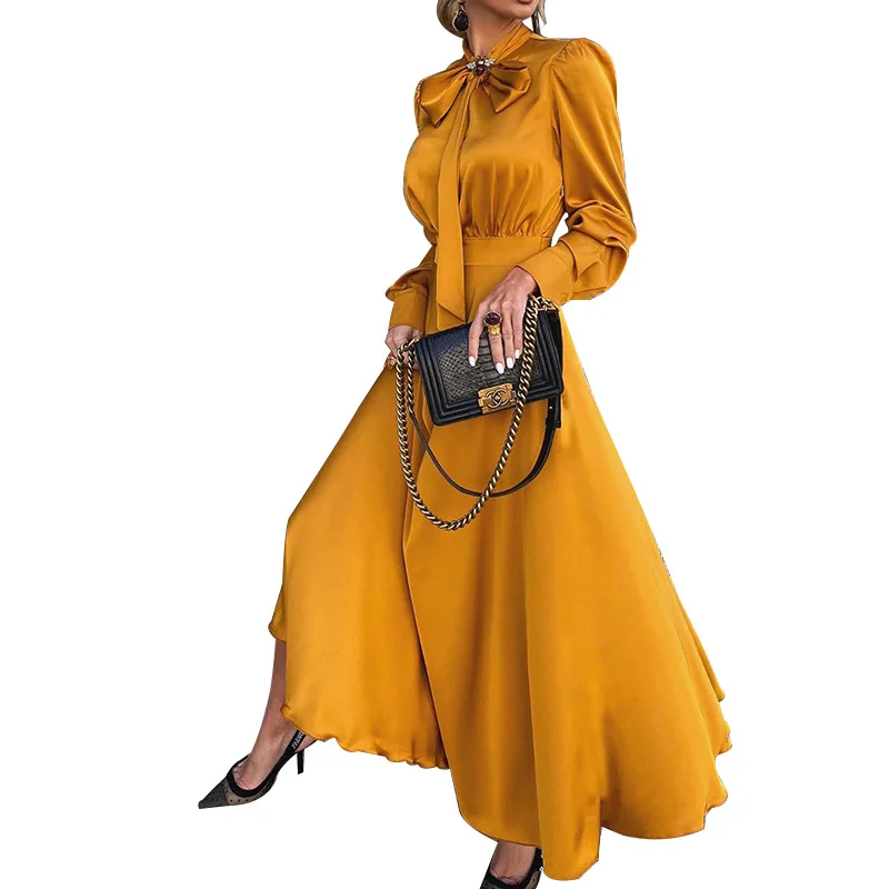 New European and American fashion women's all-match temperament lacing bow neckline long sleeve temperament pure color dress
New European and American fashion women's all-match temperament lacing bow neckline long sleeve temperament pure color dress