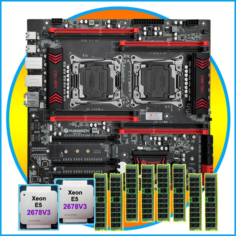 Комплект материнской платы HUANANZHI dual X99 два процессора Xeon E5 2678 V3 память 128 Гб (8 х16гб)