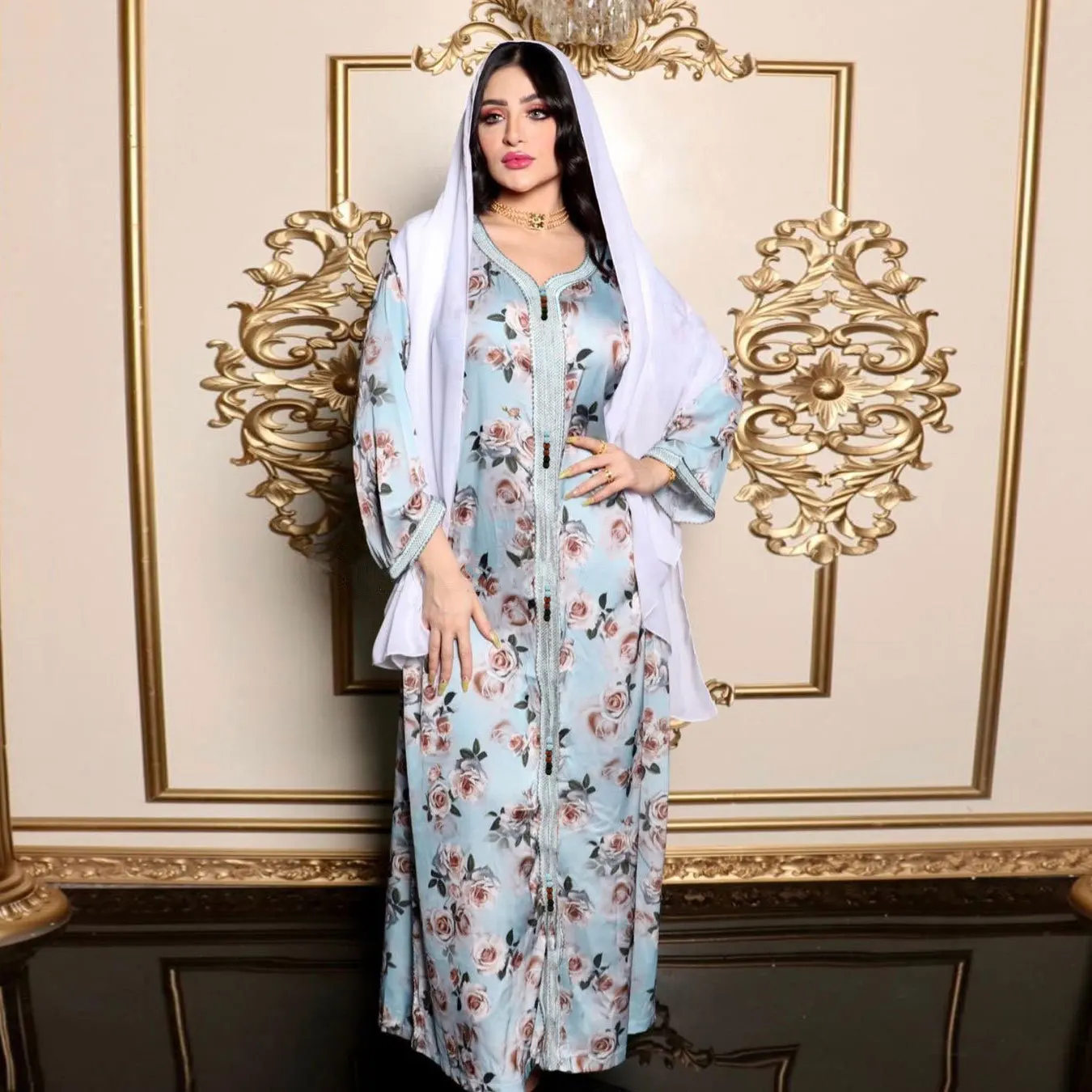 

Middle East Muslim Abaya Women Print Long Dress Islamic Moroccan Kaftan Burqa Jilbab Robe Saudi Arab Dubai Party Gown Jalabiya