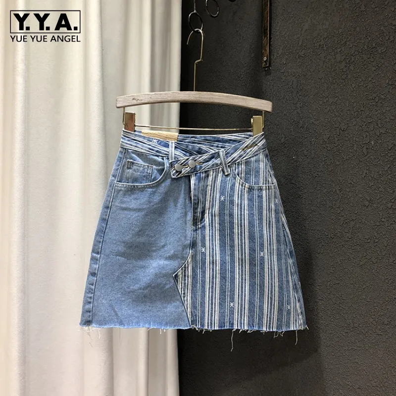 

Юбка женская трапециевидная джинсовая в полоску, винтажная мини-юбка с запахом, с завышенной талией, дизайнерская, в стиле пэчворк, лето