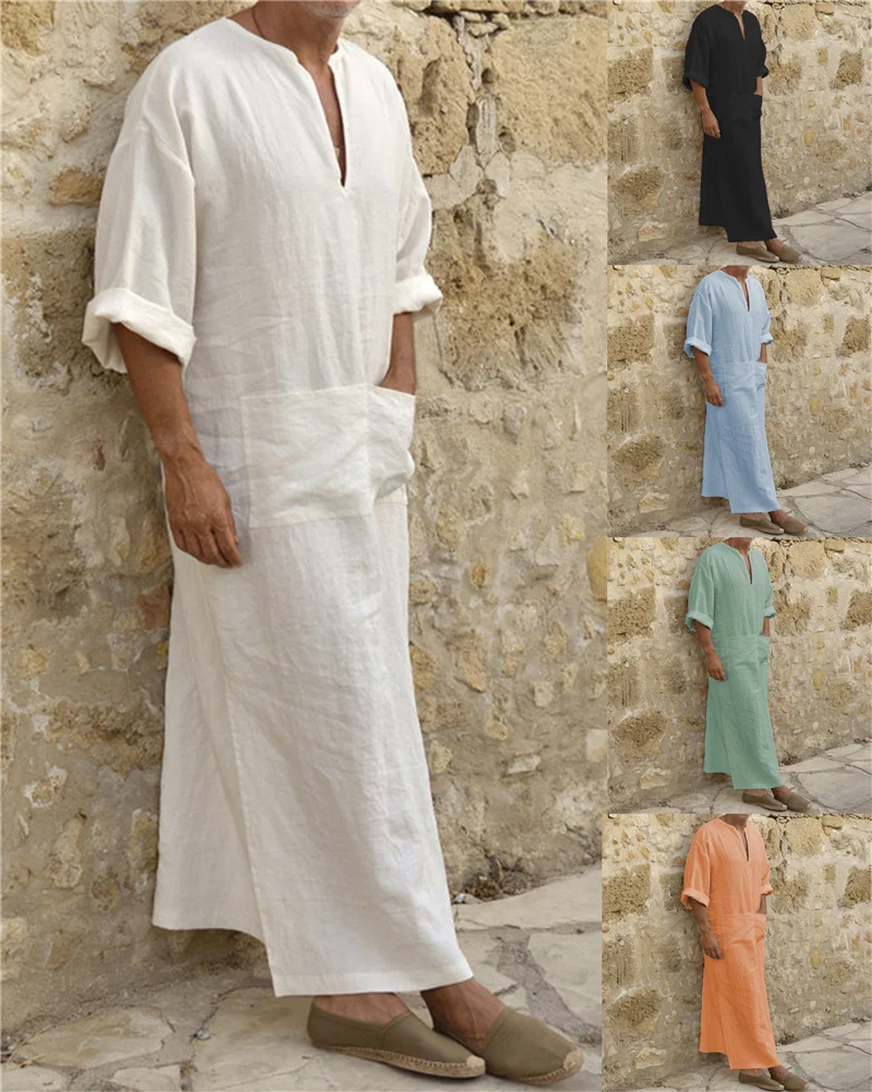 Cotton Linen Loose Saudi Arab Muslim Dubai Robe Men's Long Shirt Male Deep V Neck Solid
Cotton Linen Loose Saudi Arab Muslim Dubai Robe Men's Long Shirt Male Deep V Neck Solid