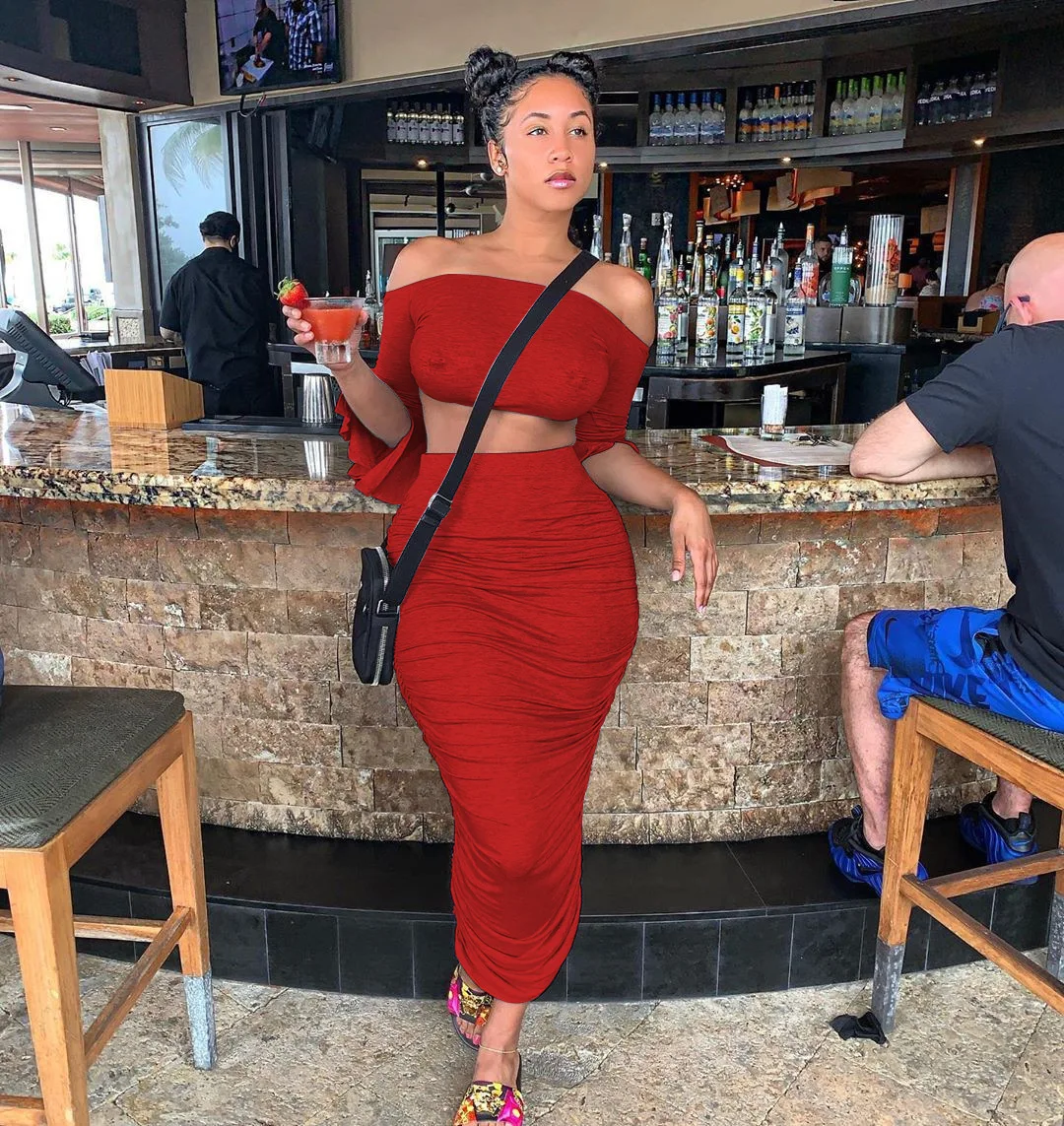 Casual Solid Lace Up Dress Set 2 Piece Outfit Sexy Off the Shoulder Flare Sleeve Backless Top Ruched Long Skirts Slim Streetwear
Casual Solid Lace Up Dress Set 2 Piece Outfit Sexy Off the Shoulder Flare Sleeve Backless Top Ruched Long Skirts Slim Streetwear