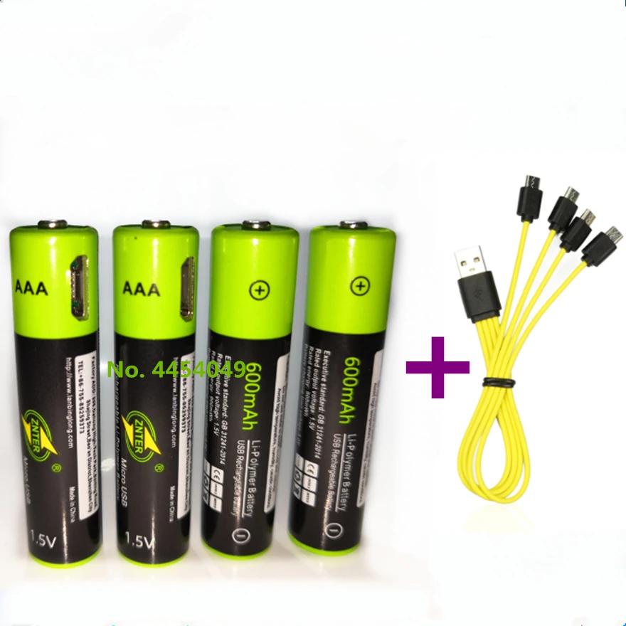 Перезаряжаемая батарея ZNTER литий полимерная AAA 1 5 в 600 мАч + кабель Micro USB быстрая