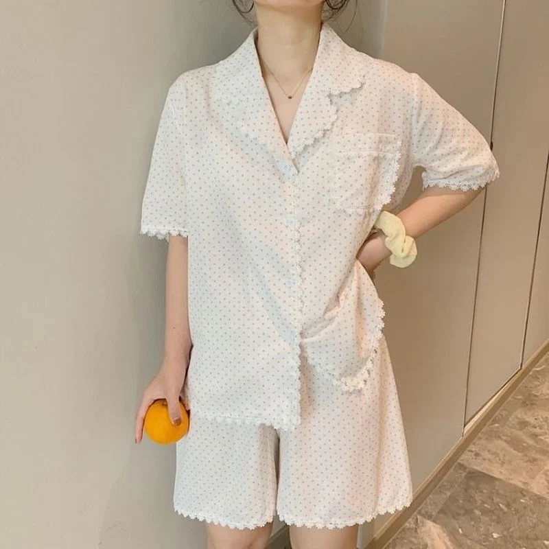 

QWEEK Polka Dot Women's Pajamas Korean Sleepwear Summer Pijama Female Set Woman 2 Pieces Lace Brief Suits with Shorts Pyjamas