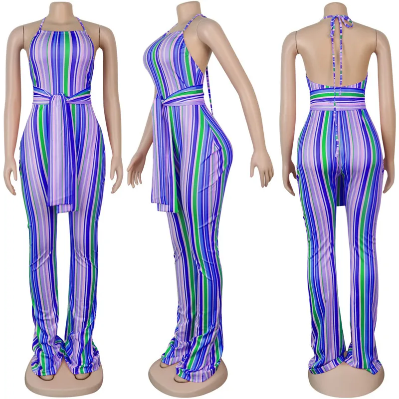 Summer Jumpsuit Women Colorful Striped Rompers Slim Flare Pants Overalls Sashes Sexy Backless Strap Playsuits Combinaison Femme
Summer Jumpsuit Women Colorful Striped Rompers Slim Flare Pants Overalls Sashes Sexy Backless Strap Playsuits Combinaison Femme