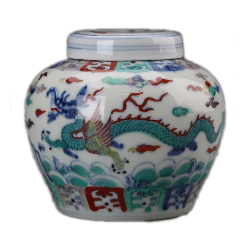 

Antique porcelain ornaments, antique old collection, tea jar colorful dragon and Phoenix,auspicious Chinese characters pot