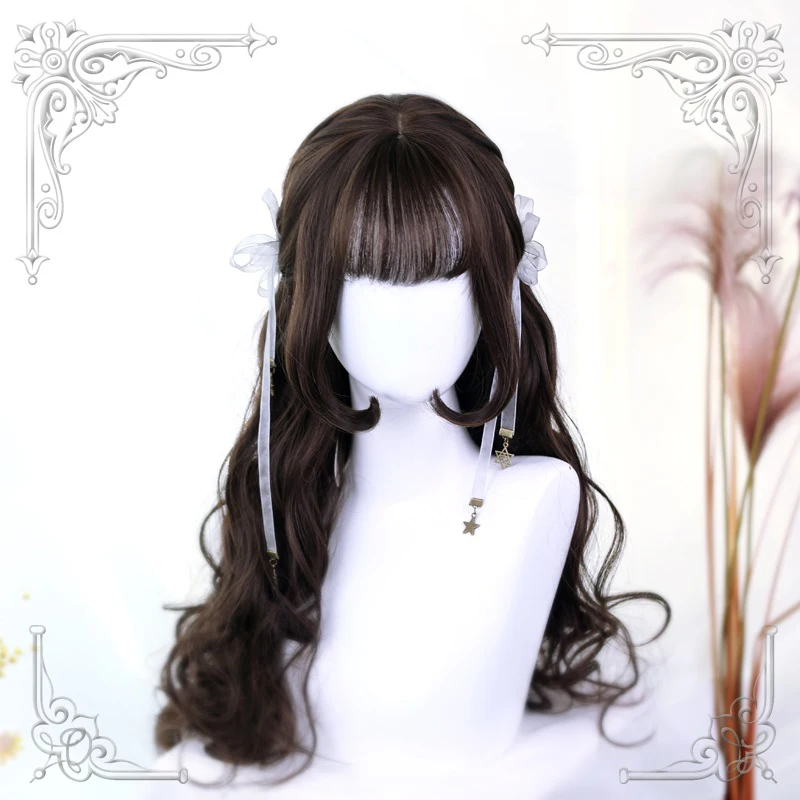 

High Quality Lolita Black Tea Air Bangs Female Loveliness 70CM+ Long Curly Hair Wig Cosplay Party