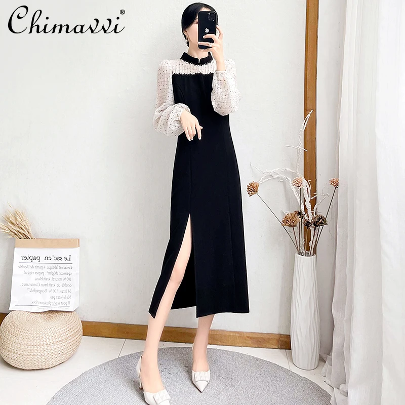 2021 Women Autumn Stitching Cheongsam Dress Slimming Elegance Retro Split Dress Female Lantern Sleeve Stand Collar Dress
2021 Women Autumn Stitching Cheongsam Dress Slimming Elegance Retro Split Dress Female Lantern Sleeve Stand Collar Dress