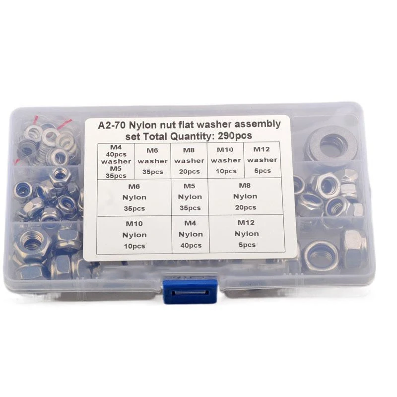 290Pcs Lock Nuts Set With Flat Washer Set Nylon Insert Nyloc Nut Stainless Steel Locking Stop Nuts
290Pcs Lock Nuts Set With Flat Washer Set Nylon Insert Nyloc Nut Stainless Steel Locking Stop Nuts