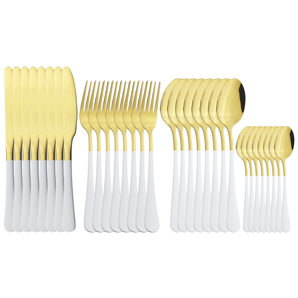 8People White Gold Dinnerware Cutlery Set Dinner Knives Fork Tea Spoon Tableware Stainless Steel Flatware Kitchen Silverware Set
8People White Gold Dinnerware Cutlery Set Dinner Knives Fork Tea Spoon Tableware Stainless Steel Flatware Kitchen Silverware Set