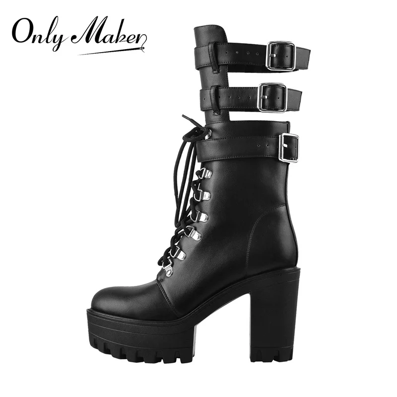 

Onlymaker Women's Platform Lace-Up Ankle Boots Black Silver Patent Leather Ankle Strap Buckles Chunky High Heel Punk Booties