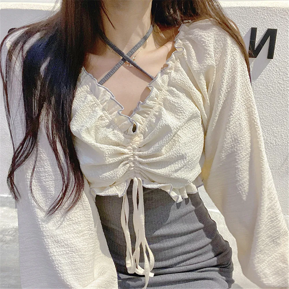 Women Elegant V-Neck Long Sleeve T-Shirt Fashion Apricot Solid Color Ruffles Drawstring Crop Tops Spring And Autumn
Women Elegant V-Neck Long Sleeve T-Shirt Fashion Apricot Solid Color Ruffles Drawstring Crop Tops Spring And Autumn
