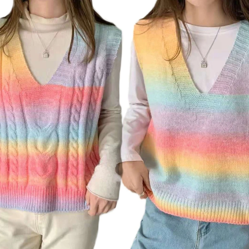 Women Knitted Sleeveless Vest Harajuku Rainbow Colorful Striped Loose Jumper Tank Top V-Neck Casual Pullover Sweater
Women Knitted Sleeveless Vest Harajuku Rainbow Colorful Striped Loose Jumper Tank Top V-Neck Casual Pullover Sweater