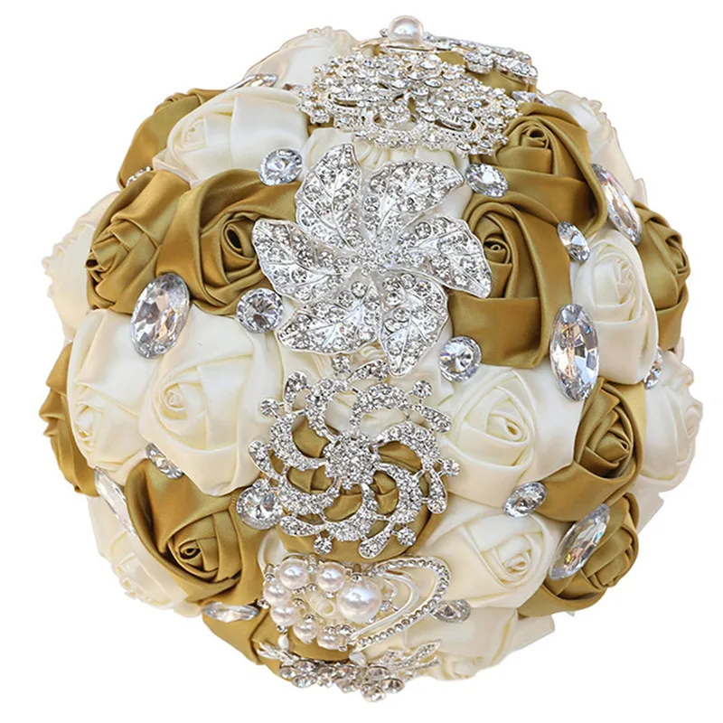 

21cm Large Brooch Bouquet Gold Series Bride Bridesmaid Wedding Bouquets Wedding Props Crystal Silk Roses B08