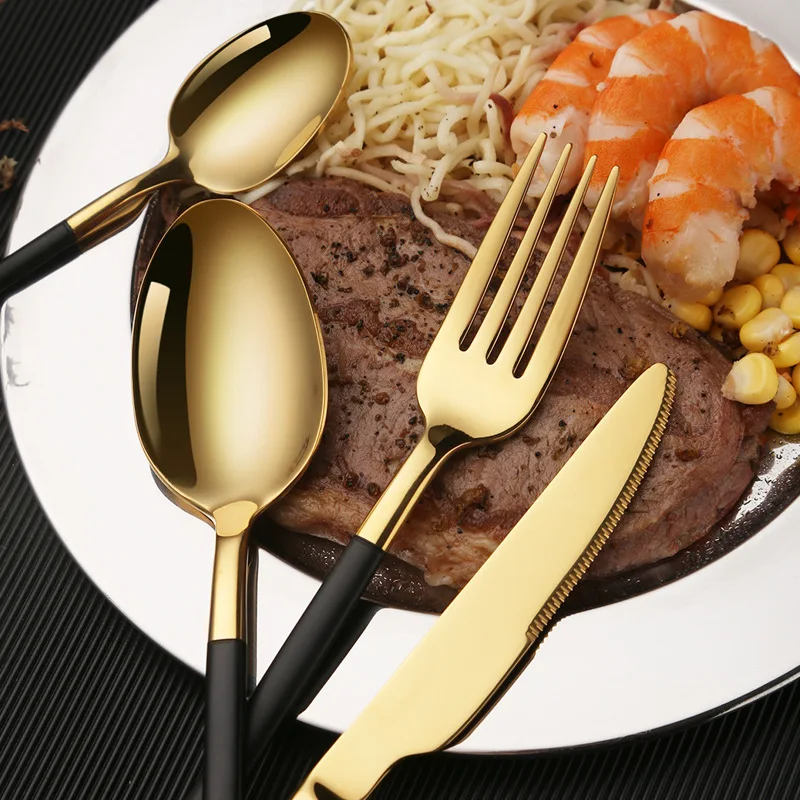 Black Forks Knives Tableware Set Steel Kitchen Cutlery Gold Spoons Stainless Dropshipping Dinnerware
Black Forks Knives Tableware Set Steel Kitchen Cutlery Gold Spoons Stainless Dropshipping Dinnerware