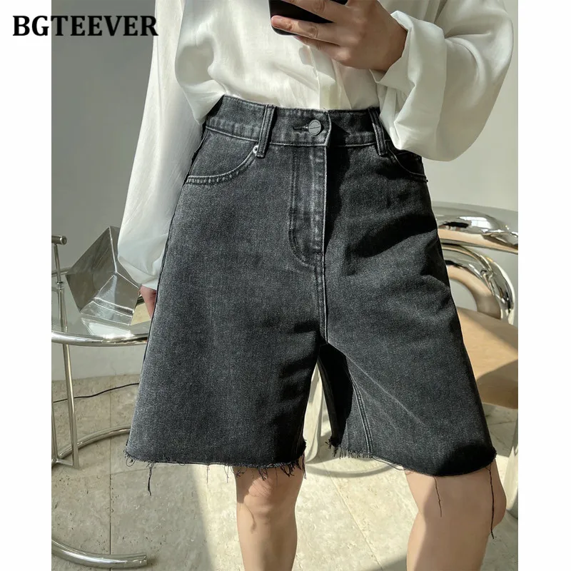 

BGTEEVER Vintage Ripped Edges Women Denim Half Shorts High Waist Pockets Ladies Jeans Shorts 2021 Summer Female Solid Shorts