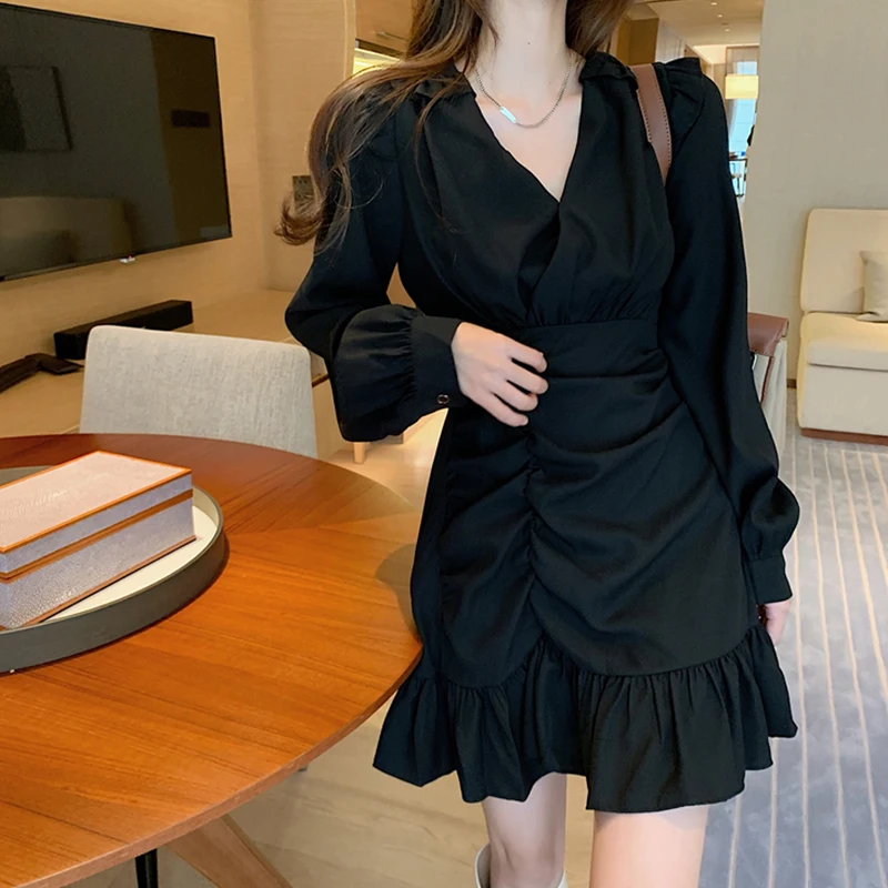 

Women Long Sleeve Dresses Solid Ruffles Elegant Gentle Sweet V-neck Shirring Ulzzang Trendy A-line Irregular Designed Vestido