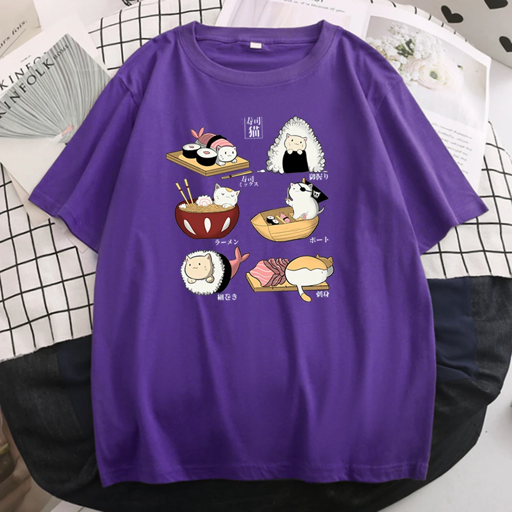Женские рубашки с рисунком суши и кота Повседневная безразмерная футболка