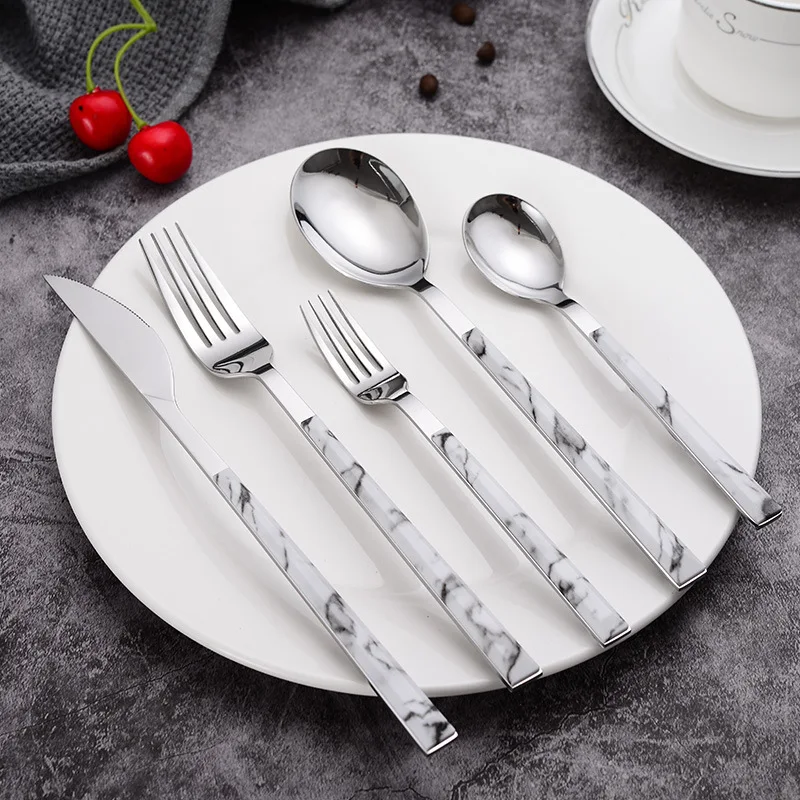 Stainless Steel Upscale Tableware Marble Handle Silver Dessert Dinner Spoon Western Steak Knife Fork Kitchen Cutlery Utensils
Stainless Steel Upscale Tableware Marble Handle Silver Dessert Dinner Spoon Western Steak Knife Fork Kitchen Cutlery Utensils