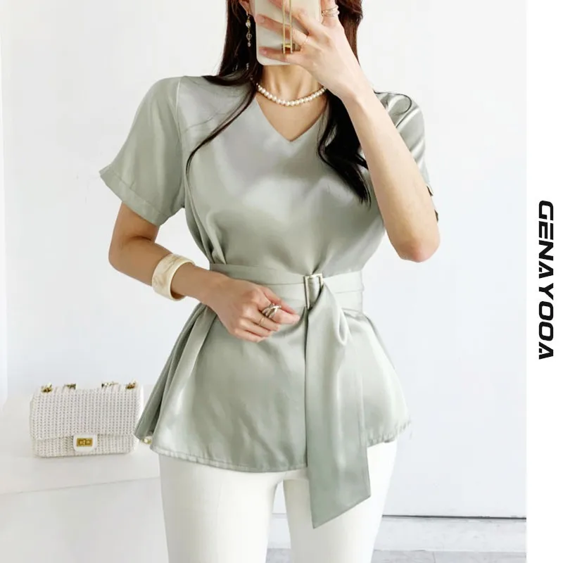 Genayooa Women's T-shirt 2021 Summer Korean Tee Shirt Femme Satin Ladies Tops Short Sleeve Elegant Chic T Shirt Women Office
Genayooa Women's T-shirt 2021 Summer Korean Tee Shirt Femme Satin Ladies Tops Short Sleeve Elegant Chic T Shirt Women Office