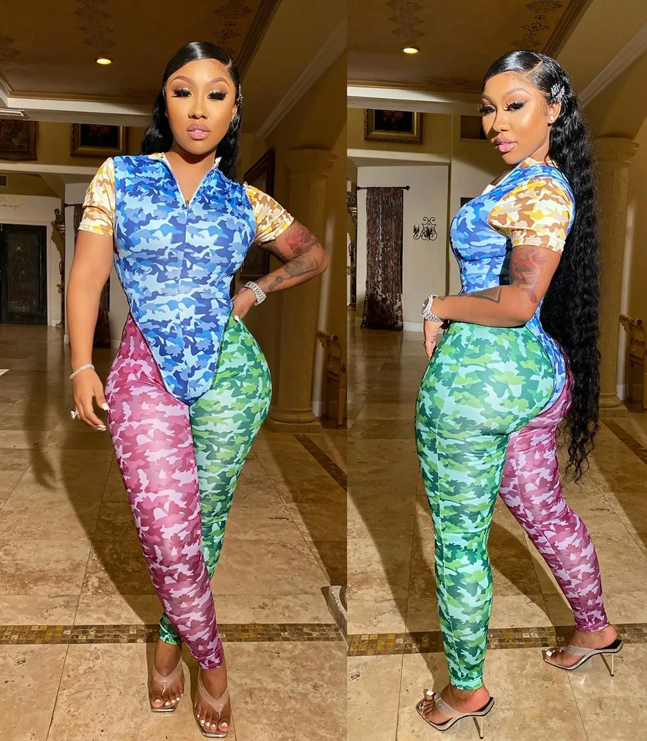 Multi Camouflage Patchwork Slim-fit Full Length Jumpsuit Newon Summer Street Women Short Sleeve Rompers Catsuit Leisure
Multi Camouflage Patchwork Slim-fit Full Length Jumpsuit Newon Summer Street Women Short Sleeve Rompers Catsuit Leisure