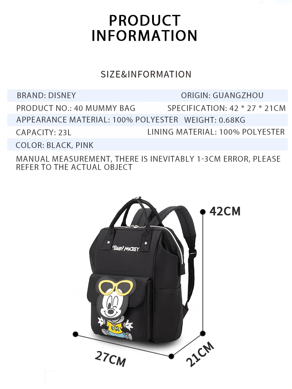 Disney Fashion Mummy Maternity Diaper Bag Large Capacity Nappy Bag Travel Backpack Nursing Bag For Baby Care Women's Fashion Bag
Disney Fashion Mummy Maternity Diaper Bag Large Capacity Nappy Bag Travel Backpack Nursing Bag For Baby Care Women's Fashion Bag