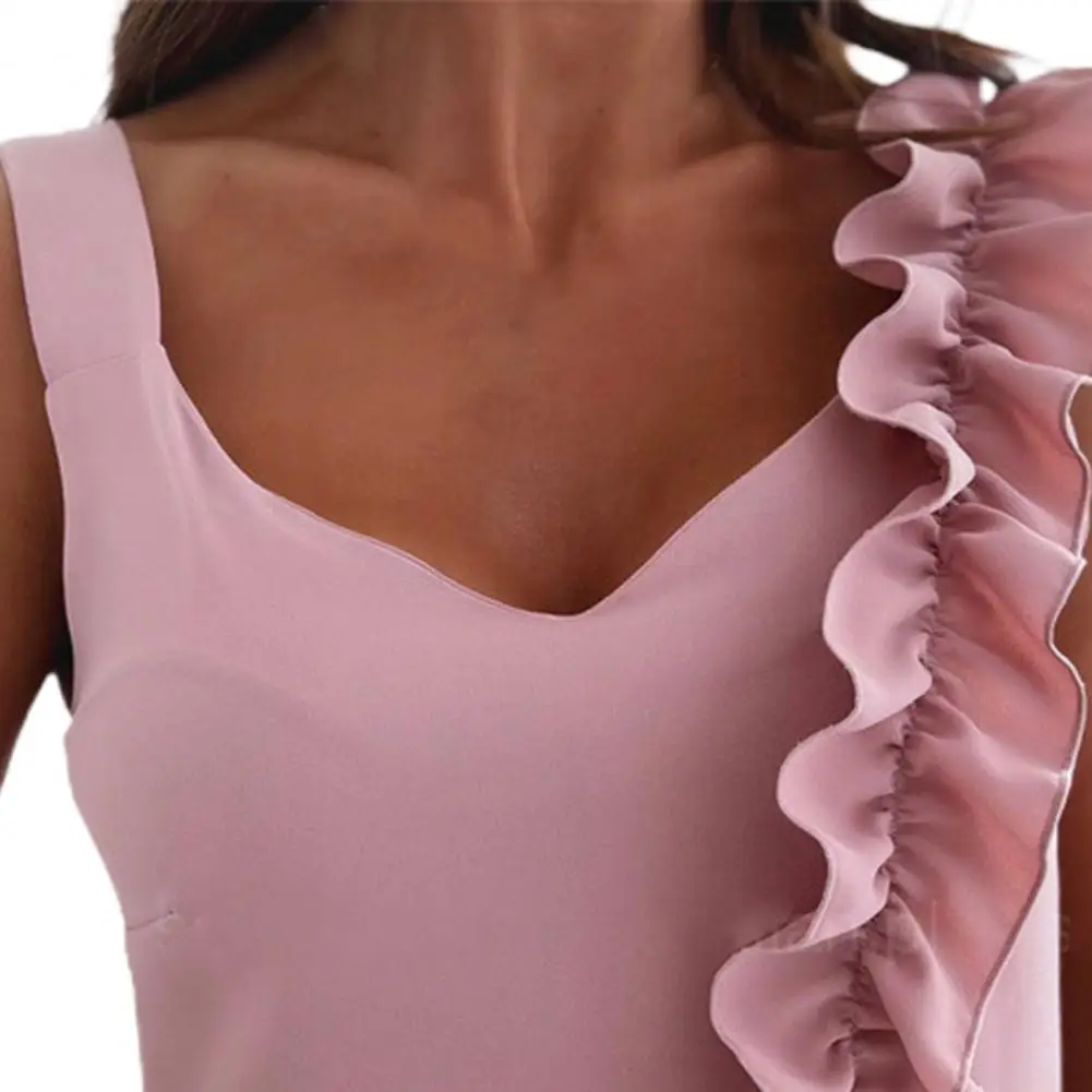 Chic Women Blouse Sleeveless Solid Color Ruffle Shoulder Strap Top Vest Streetwear for Office
Chic Women Blouse Sleeveless Solid Color Ruffle Shoulder Strap Top Vest Streetwear for Office