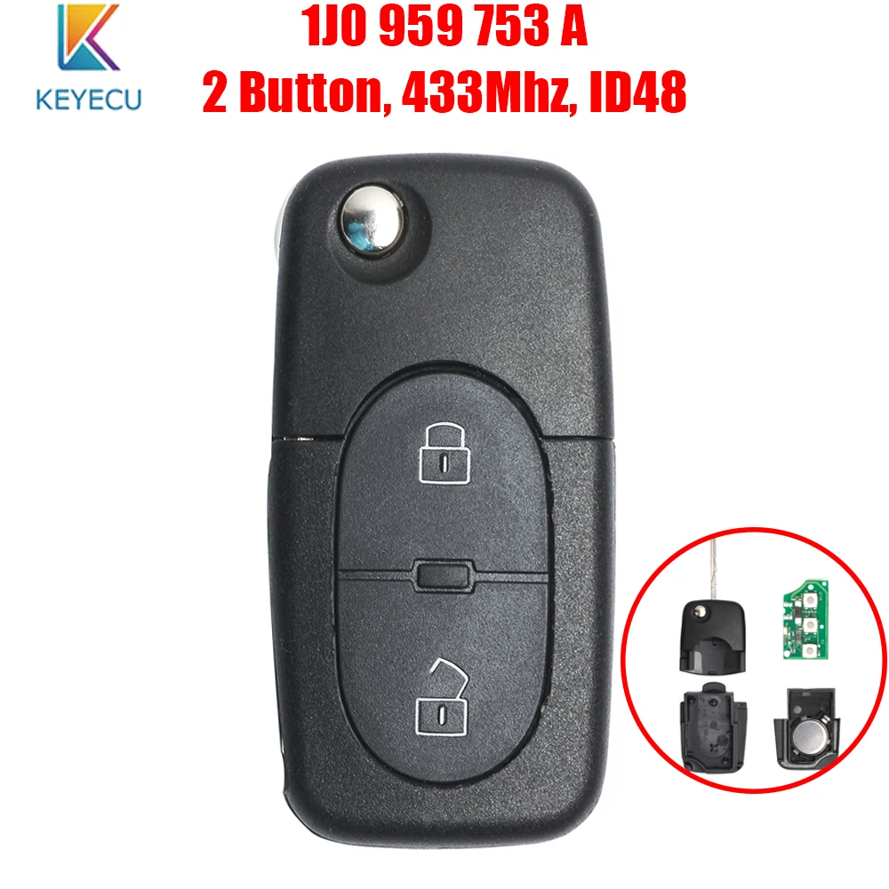 

Keyecu 1J0 959 753 A Car Remote Key for Volkswagen VW Lupo Bora Passat Polo Golf Beetle 2 Buttons 433Mhz ID48 Chip 1J0959753A