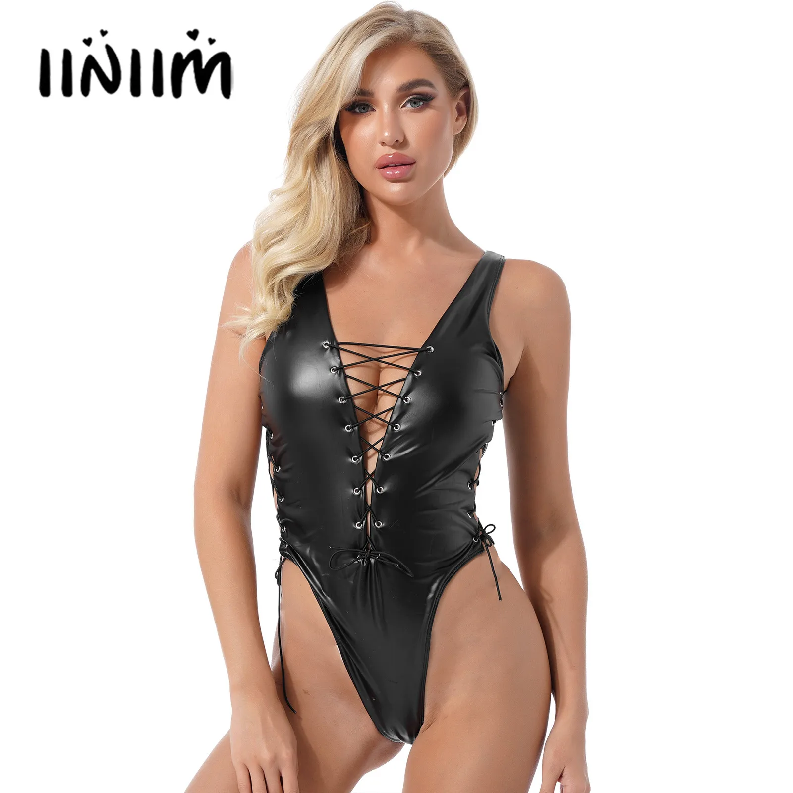 

Womens High Cut Leotard Catsuit Clubwear Plunging Neckline Lace-up Faux Leather Lingerie Bodysuit Hollow Out Sleeveless Jumpsuit