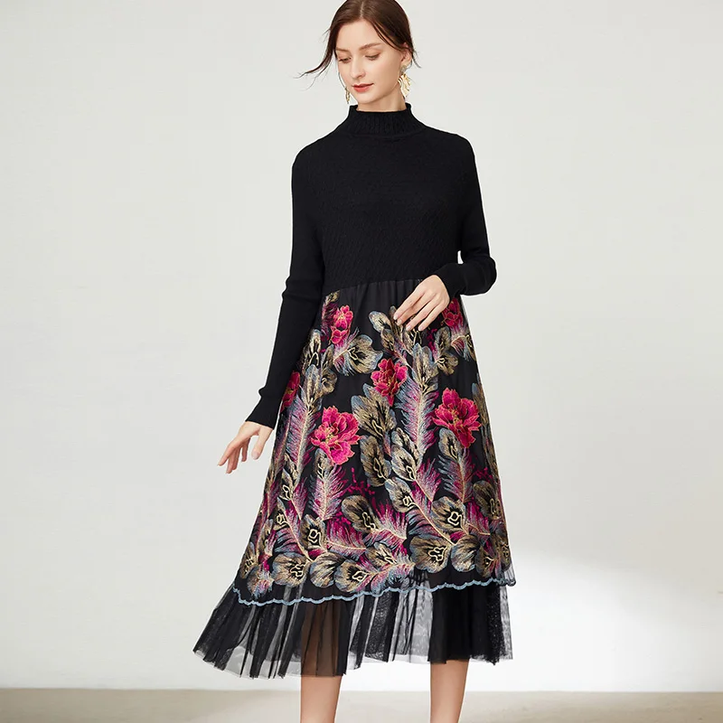 Women Knit Patchwork Dress Autumn Winter Floral Print Mesh Bohemian Elegant Full Sleeve Long Dresses Female Clothing
Women Knit Patchwork Dress Autumn Winter Floral Print Mesh Bohemian Elegant Full Sleeve Long Dresses Female Clothing