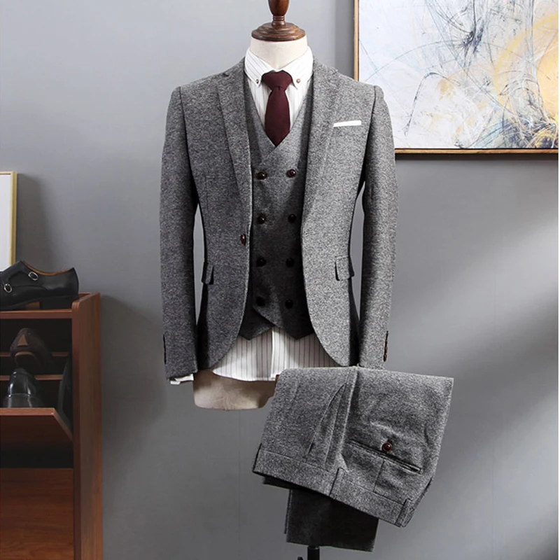 

Men's Winter Groom Wear Wedding Dress Business Suit Party Suit Herringbone Pattern Tweed 3Piece Peaky Blinders(Jacket+Pant+Vest)