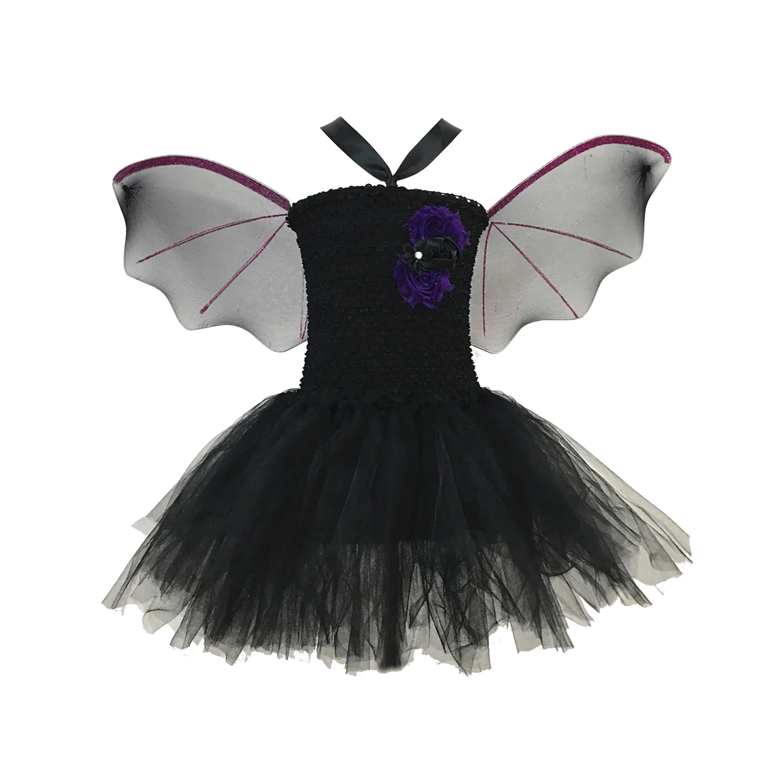 

3Pcs Kids Girls Cartoon Bat Cosplay Performance Suit Stretchy Bodice Mesh Tutu Dress with Hair Hoop and Wings Set