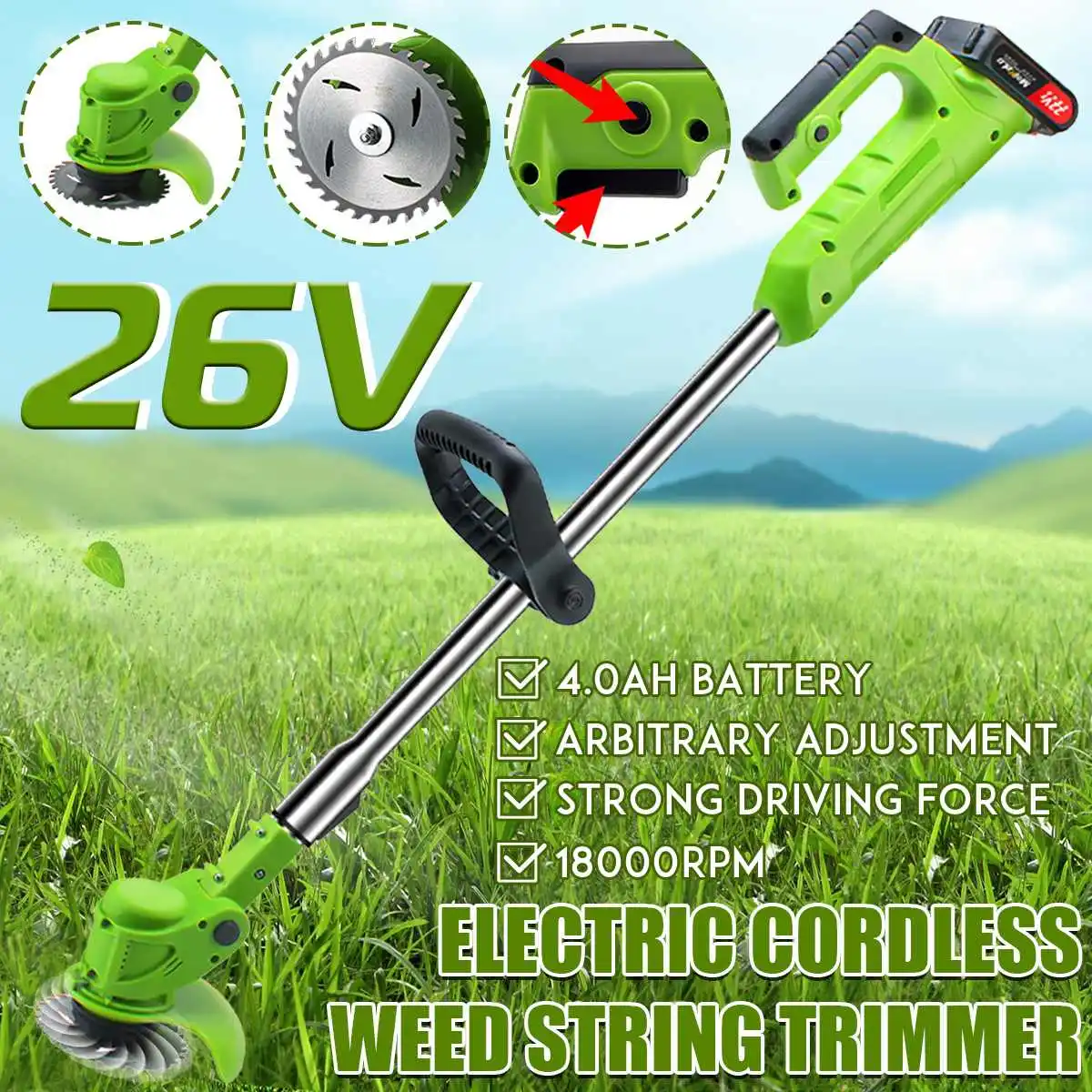 26V 1000W Electric Lawn Mower Cordless Grass Trimmer Adjustable Lawn Mower Pruning Cutter Garden Tool+1/2Pcs Li-ion Battery
26V 1000W Electric Lawn Mower Cordless Grass Trimmer Adjustable Lawn Mower Pruning Cutter Garden Tool+1/2Pcs Li-ion Battery