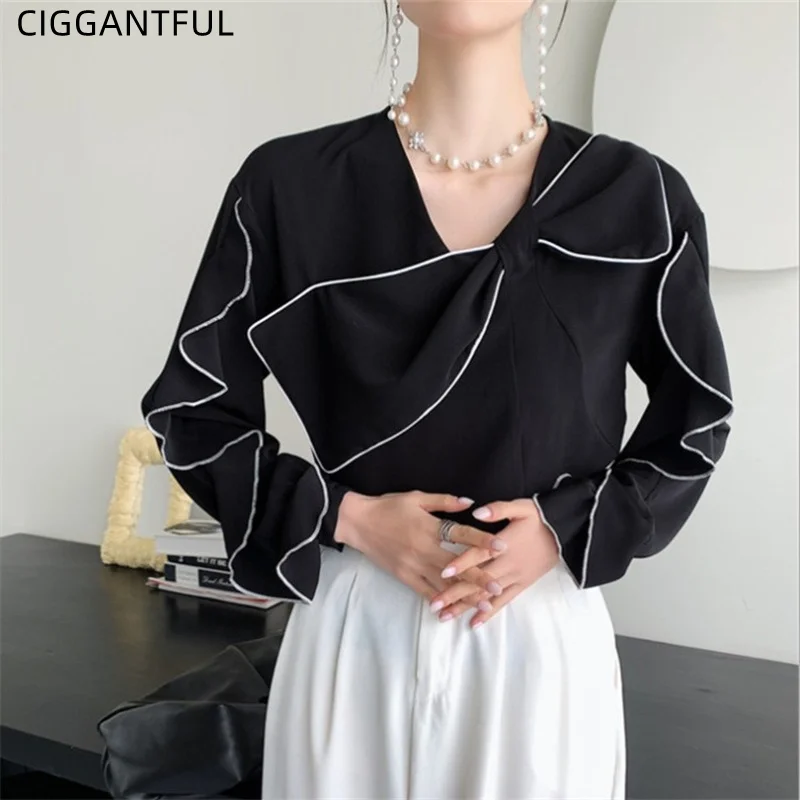 Design Sense Bow Knot Temperament Long Sleeve Shirt Women 2021 Spring Fall New Fashion Ruffled Pullover Blouse Black Basic Top
Design Sense Bow Knot Temperament Long Sleeve Shirt Women 2021 Spring Fall New Fashion Ruffled Pullover Blouse Black Basic Top