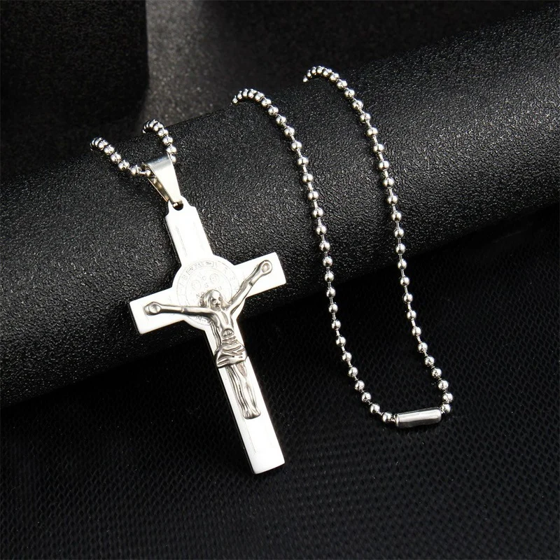

Men Beads Chain Christian Jewelry Gifts Vintage Cross INRI Crucifix Jesus Piece Pendant & Necklace Silver Color Stainless Steel
