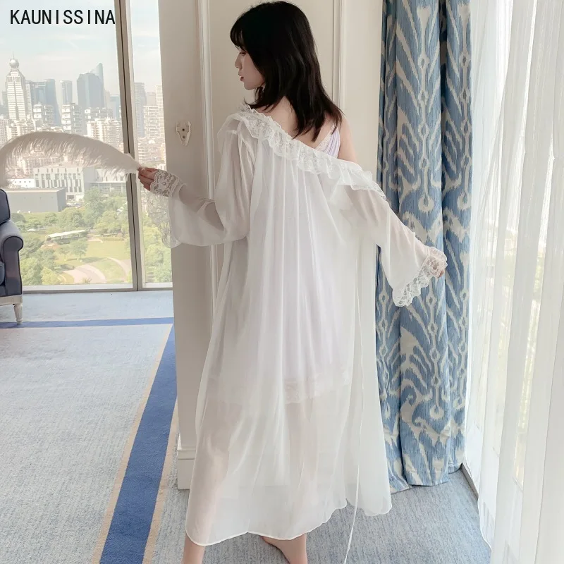 Женская ночная рубашка белая кружевная сексуальная длинный халат Женский