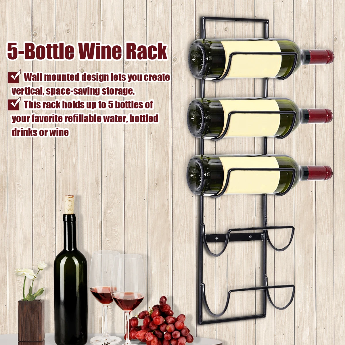 5 Bottle Iron Wall Mounted Wine Holder Simple Hanging Wine Rack Storage Holder Shelf Bar Kitchen Rack Bottle Display Stand
5 Bottle Iron Wall Mounted Wine Holder Simple Hanging Wine Rack Storage Holder Shelf Bar Kitchen Rack Bottle Display Stand