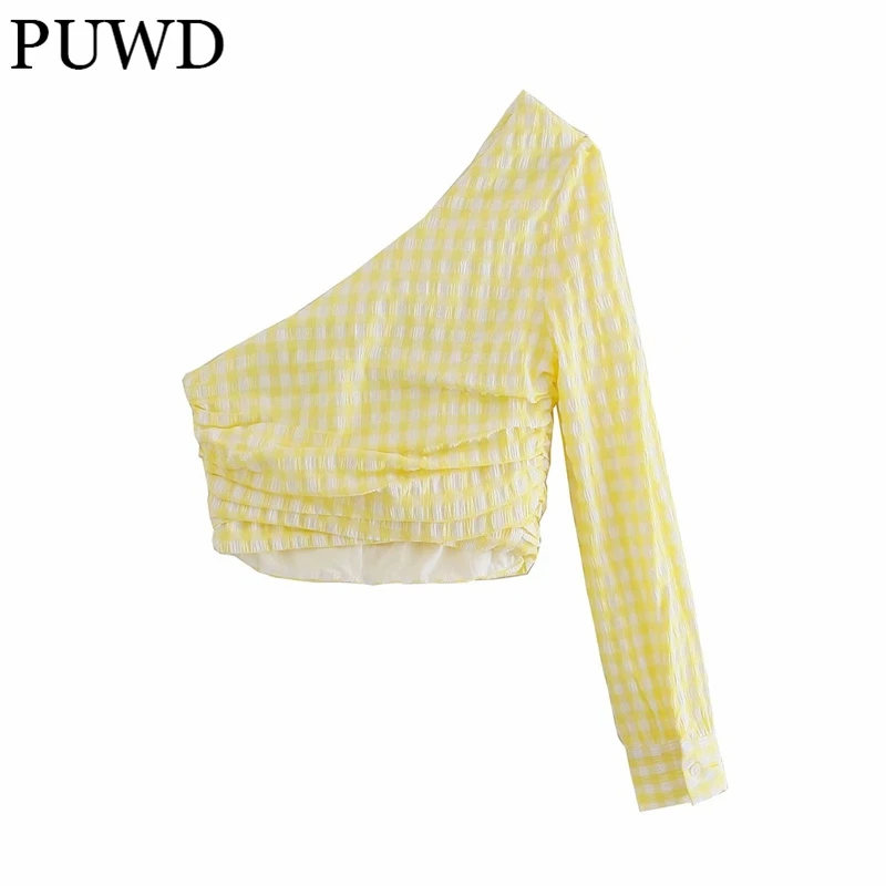 PUWD Elegant Women Yellow Plaid One Shoulder Shirts 2021 Summer Fashion Ladies Slim Streetwear Shirt Sweet Girls Chic Crop Tops
PUWD Elegant Women Yellow Plaid One Shoulder Shirts 2021 Summer Fashion Ladies Slim Streetwear Shirt Sweet Girls Chic Crop Tops