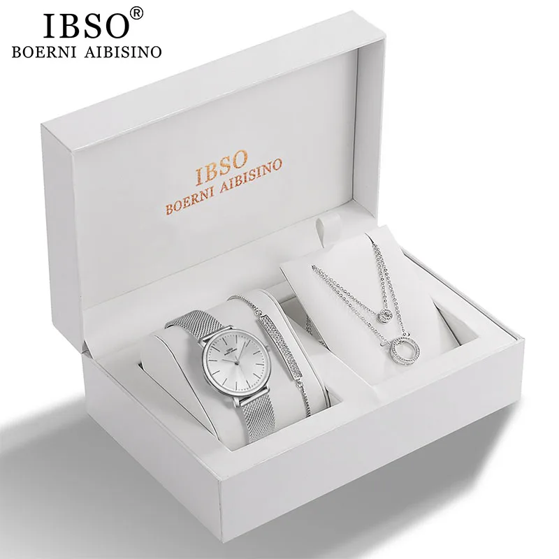 IBSO женские кварцевые часы набор кристалл дизайн браслет ожерелье комплекты с