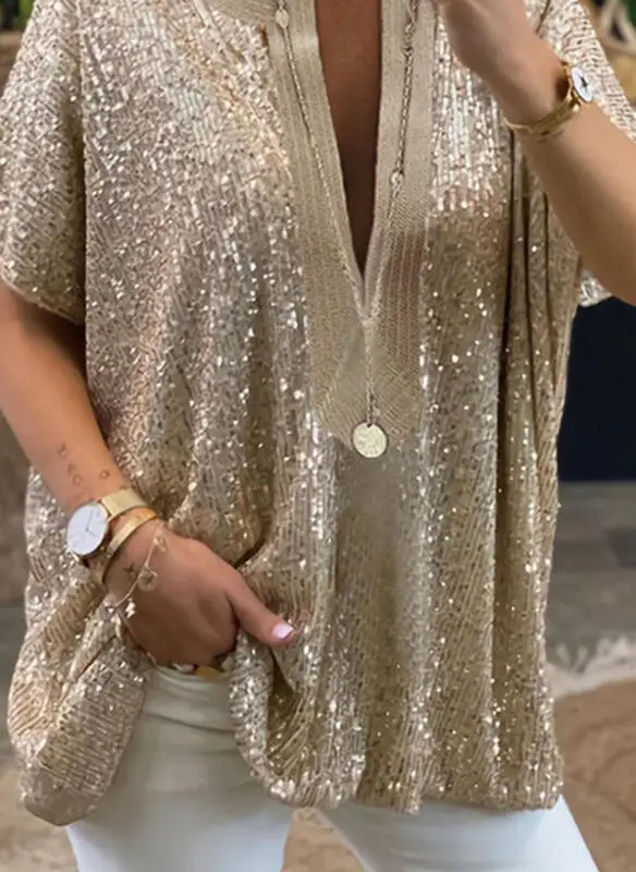 Women Short Sleeve Sequins T Shirt Summer Top Femme Ladies Shirts Clothes Sexy V Neck 2021 Loose Casual Silver Gold Color
Women Short Sleeve Sequins T Shirt Summer Top Femme Ladies Shirts Clothes Sexy V Neck 2021 Loose Casual Silver Gold Color