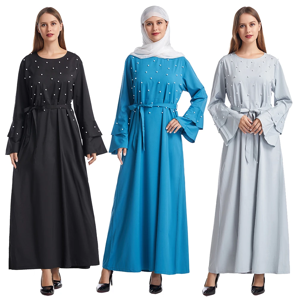 

Дубай абайя с жемчугом с длинным рукавом Исламская одежда для женщин мусульманское модное платье макси халат Ближний Восток Рамадан кафтан...