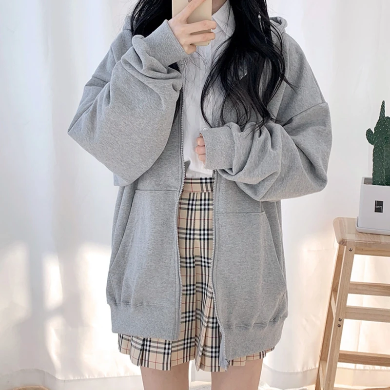 Oversized Hooded Sweatshirt Lady Zip-up Women Korean Style Hoodies Vintage Solid Color Long Sleeve Spring Autumn Casual Coats
Oversized Hooded Sweatshirt Lady Zip-up Women Korean Style Hoodies Vintage Solid Color Long Sleeve Spring Autumn Casual Coats