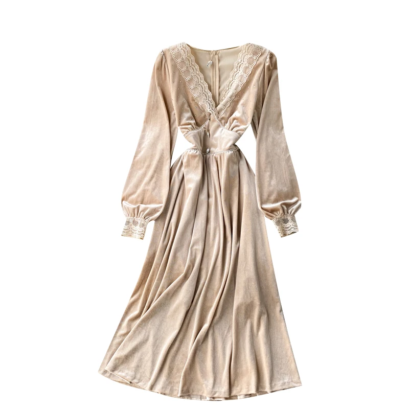 Court Lace Autumn and Winter Fashion A-line Dress Women Retro V Collar Long Sleeve High Waist Thin Velvet Elegant Vestidos J30
Court Lace Autumn and Winter Fashion A-line Dress Women Retro V Collar Long Sleeve High Waist Thin Velvet Elegant Vestidos J30