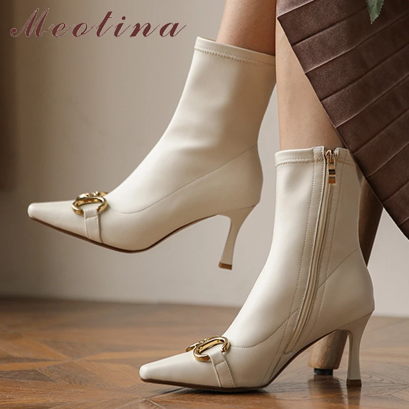 

Женские ботильоны из овечьей кожи Meotina, осенне-зимние ботинки на толстом высоком каблуке, с металлической молнией и острым носком